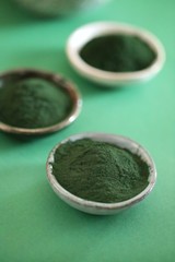 Spirulina algae. green dry spirulina algae in round cups on a green background.Super food concept.nutritional supplement.