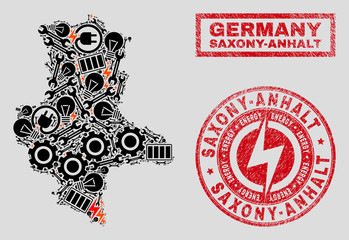 Composition of mosaic power supply Saxony-Anhalt Land map and grunge stamps. Collage vector Saxony-Anhalt Land map is created with equipment and power icons. Black and red colors used.