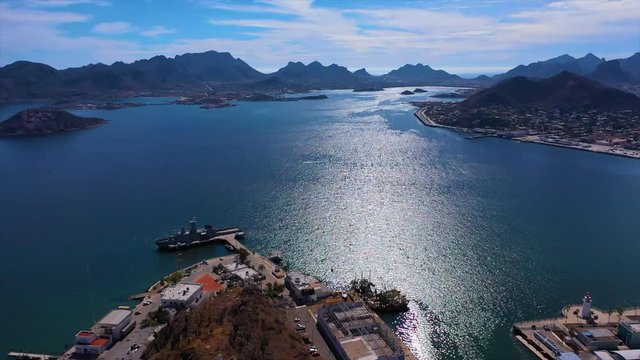 Bahia de Guaymas Sonora: Aerial view of the sunrise, blue sea and boats