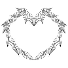 Wreath of laurel branches in form of heart isolated on white background. Foral frame design elements for invitations, greeting cards, posters, blogs. Hand drawn  illustration. Sketch