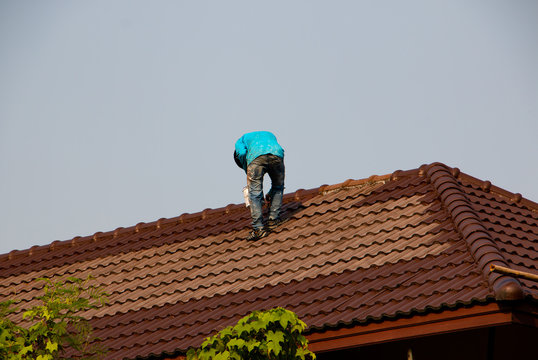 Roof Painting. Home repair worker painting up to the roof.
