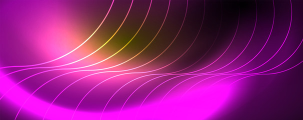 Bright neon circles and wave lines, glowing shiny background design template, digital techno concept.