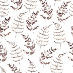 Watercolor seamless pattern with brown fern. Minimalist botanic