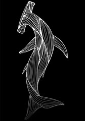 Abstract hand drawn giant hammer shark isolated on black background.  illustration. Outline. Line art. Top view