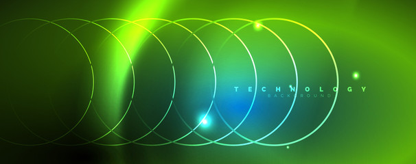 Trendy neon blue abstract design with waves and circles. Neon light glowing effect. Abstract digital background.