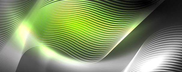 Shiny neon lights, dark abstract background with blurred magic neon light curved lines