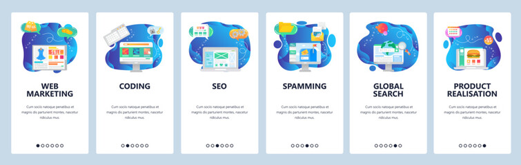 Mobile app onboarding screens. Web amd digital marketing, spamming, SEO and online shopping. Menu vector banner template for website and mobile development. Web site design flat illustration