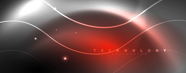 Shiny neon lights, dark abstract background with blurred magic neon light curved lines