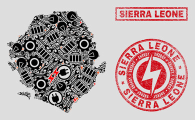 Composition of mosaic power supply Sierra Leone map and grunge stamps. Mosaic vector Sierra Leone map is created with service and power elements. Black and red colors used.