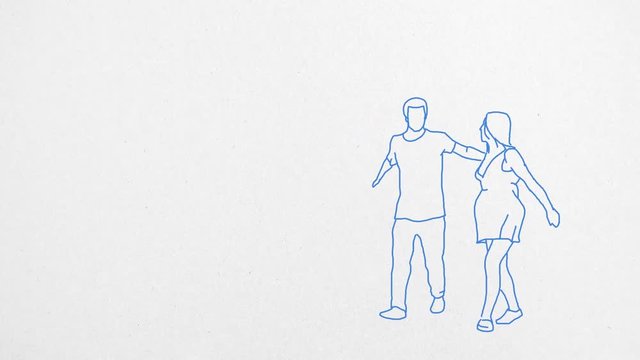 4K loop line drawing of a couple dancing, blue ink on white textured paper with space for text.