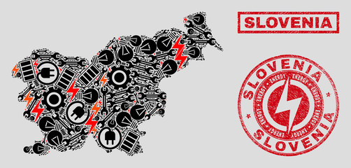 Composition of mosaic power supply Slovenia map and grunge stamps. Mosaic vector Slovenia map is composed with equipment and power icons. Black and red colors used.