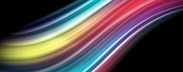 Abstract wave lines fluid rainbow style color stripes on black background. Artistic illustration for presentation, app wallpaper, banner or poster