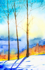 Winter landscape of forest and snowy field. Hand drawn watercolor illustration