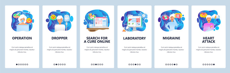 Mobile app onboarding screens. Surgery doctor, patient anesthesia, hospital laboratory, heart attack. Menu vector banner template for website and mobile development. Web site design flat illustration