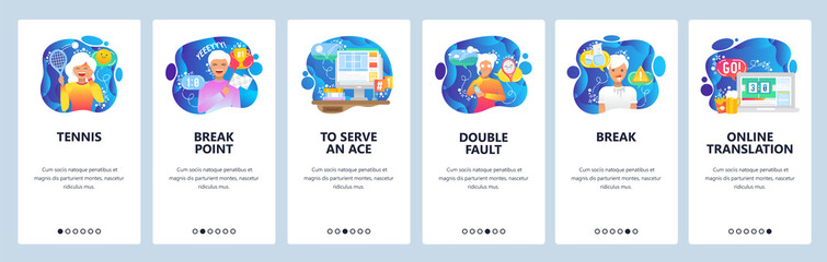 Mobile app onboarding screens. Sport icons, tennis racket, break point. Menu vector banner template for website and mobile development. Web site design flat illustration