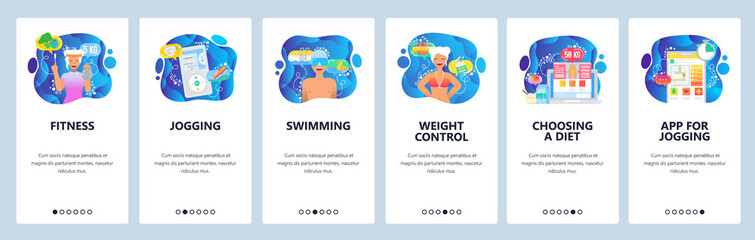 Mobile app onboarding screens. Fitness, music for jogging, diet and weight control, healthy lifestyle. Menu vector banner template for website and mobile development. Web site design flat illustration