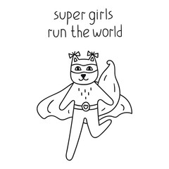 Super girls run the world. Superhero squirrel. Hand drawn vector icon illustration design in scandinavian, nordic style. Best for nursery, childish textile, apparel, poster, postcard. 