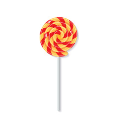 Sweet Christmas candy lollipop with red and yellow strips isolated on white background. Graphic element for greeting card on New Year and Christmas. Vector illustration.