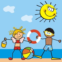 Naklejka premium Two smiling kids, girl and boy on the beach. At background are sea and sky with funny sun. Vector illustration.