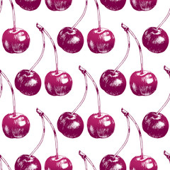 Fresh cherry seamless pattern. Vector background with colorful fruits. Hand drawn engraving sketch.