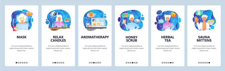 Mobile app onboarding screens. Beauty salon and SPA clinic, face mask, honey scrub, sauna. Menu vector banner template for website and mobile development. Web site design flat illustration