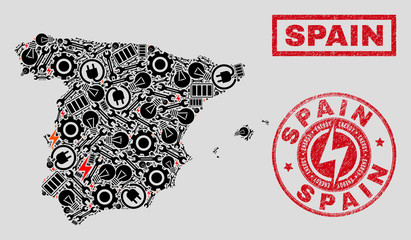Composition of mosaic power supply Spain map and grunge stamp seals. Mosaic vector Spain map is designed with gear and power symbols. Black and red colors used. Templates for power supply services.