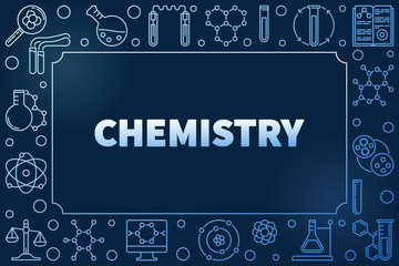 Chemistry vector blue horizontal frame with chemical linear icons and empty space on dark background