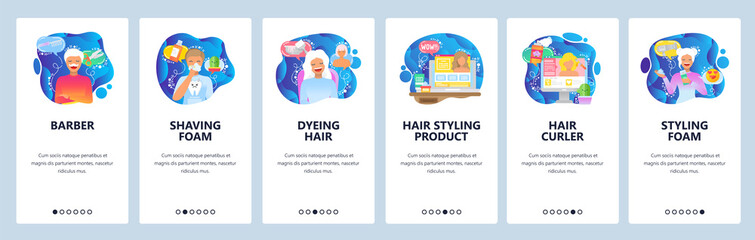 Mobile app onboarding screens. Barbershop, beauty salon, shaving foam and haircut. Menu vector banner template for website and mobile development. Web site design flat illustration