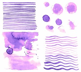 purple color watercolor abstract splashes wavy stripes lines and circles set