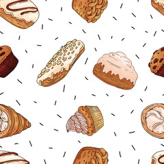 Seamless pattern of elements with hand drawn bakery products on a white background