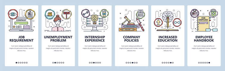 Mobile app onboarding screens. Education and job search, internship, employee and corporate culture. Menu vector banner template for website and mobile development. Web site design flat illustration - obrazy, fototapety, plakaty