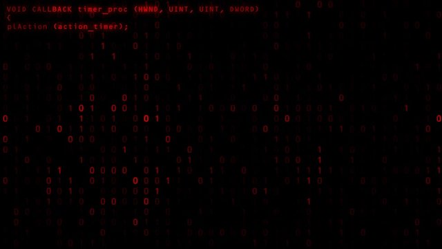 Programming code running down a old computer screen terminal with binary red background . 4k loop