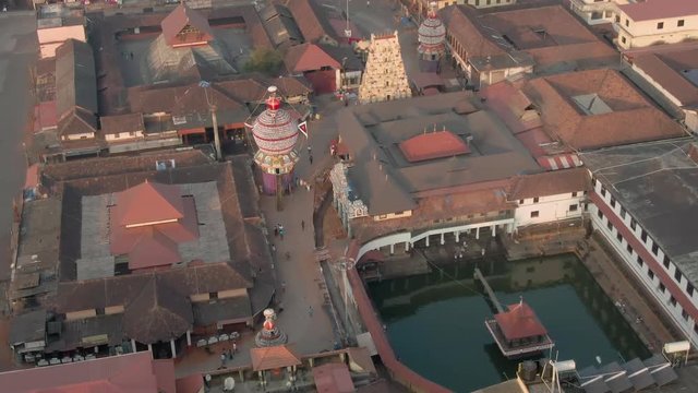 Udupi Krishna holy temple, Karnataka state in India, 4k aerial drone 