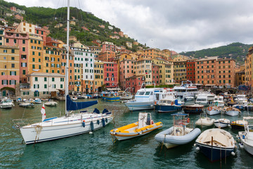 Fototapeta premium View of the Camogli's city on the Ligurian Riviera in Italy whit its porto.