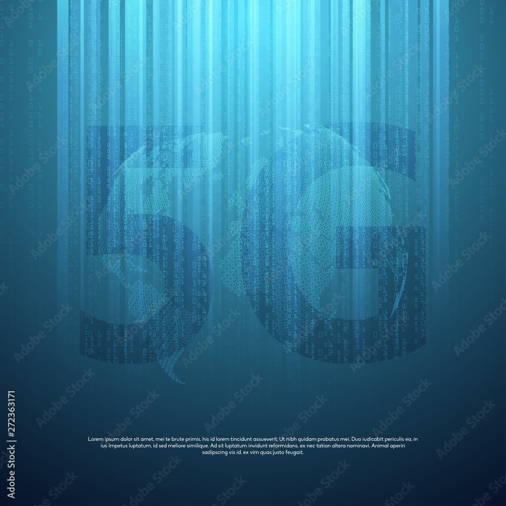 Poster 5g network wireless systems and internet . big data binary code flow numbers.communication network. 
