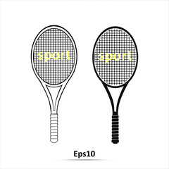 Crossed Racket And Tennis Ball Black Silhouette. Vector Illustration
