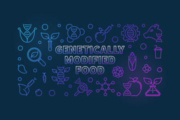 Genetically Modified Food vector colorful outline horizontal illustration on dark background