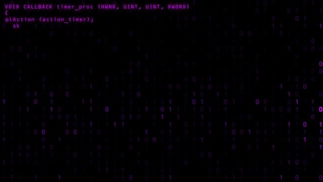 Programming code running down a old computer screen terminal with binary violet background . 4k loop