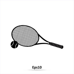 Crossed Racket And Tennis Ball Black Silhouette. Vector Illustration