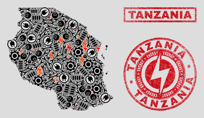 Composition of mosaic power supply Tanzania map and grunge watermarks. Mosaic vector Tanzania map is composed with gear and bulb icons. Black and red colors used.