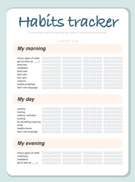 Vector habits tracker page design template calendar  for month. Time management equipment. Flat lay, organizer mock up. Pastel colors. Monthly organizer with examples of activities.