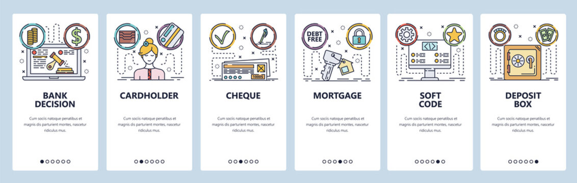 Mobile app onboarding screens. Banking and online loan scoring, cheque, credit card, mortage. Menu vector banner template for website and mobile development. Web site design flat illustration