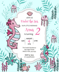 Under the sea marine life kids birthday invitation 