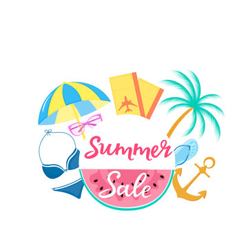 Summer sale poster with watermelon, sun umbrella, swimsuit, a plane ticket, sunglasses.