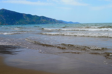 waves on the Mediterranean Sea on the shore of a turtle island in Dalyan, Turkey