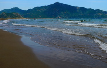 waves on the Mediterranean Sea on the shore of a turtle island in Dalyan, Turkey