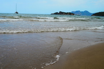 waves on the Mediterranean Sea on the shore of a turtle island in Dalyan, Turkey
