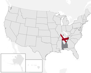 Fototapeta premium Location Map Alabama on map USA. United States of America. 3d geolocation sign like flag of state Alabama. High quality map of Alabama. Vector illustration EPS10.