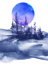 Watercolor group of trees - blue fir, pine, cedar, fir-tree. Forest on the slope, cliff, grief. Blue forest, landscape, fog forest landscape, slope, mountain. Full moon, eclipse. Isolated drawing