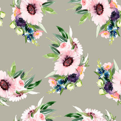 Seamless summer pattern with watercolor flowers handmade.